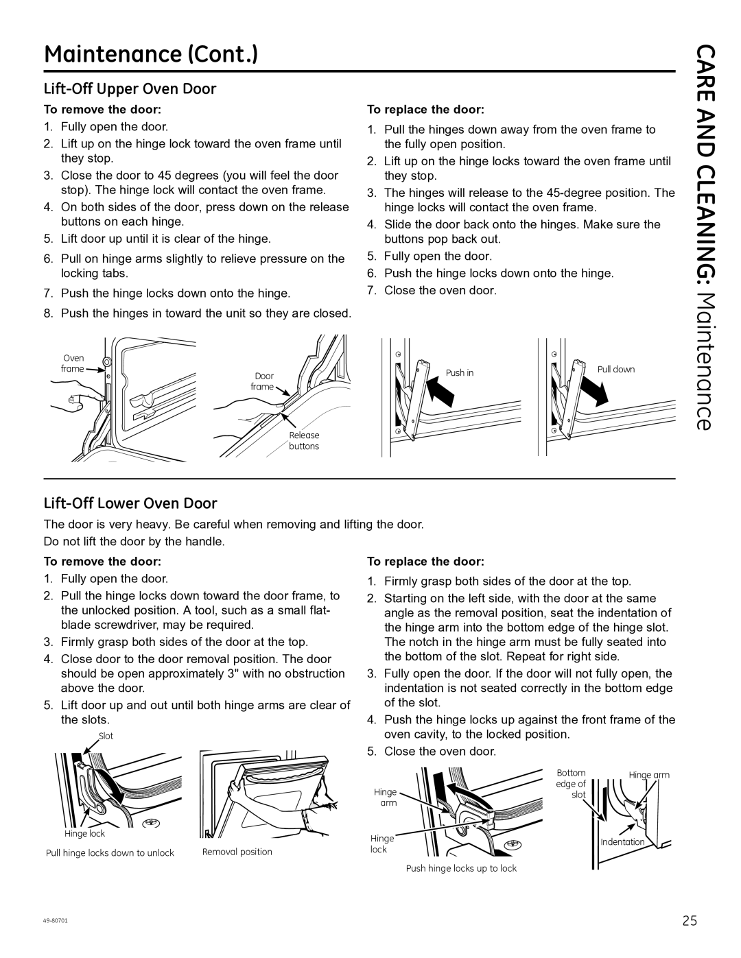 GE JB870, JB850, PB950 owner manual Cleaning, Lift-Off Upper Oven Door, Lift-Off Lower Oven Door 