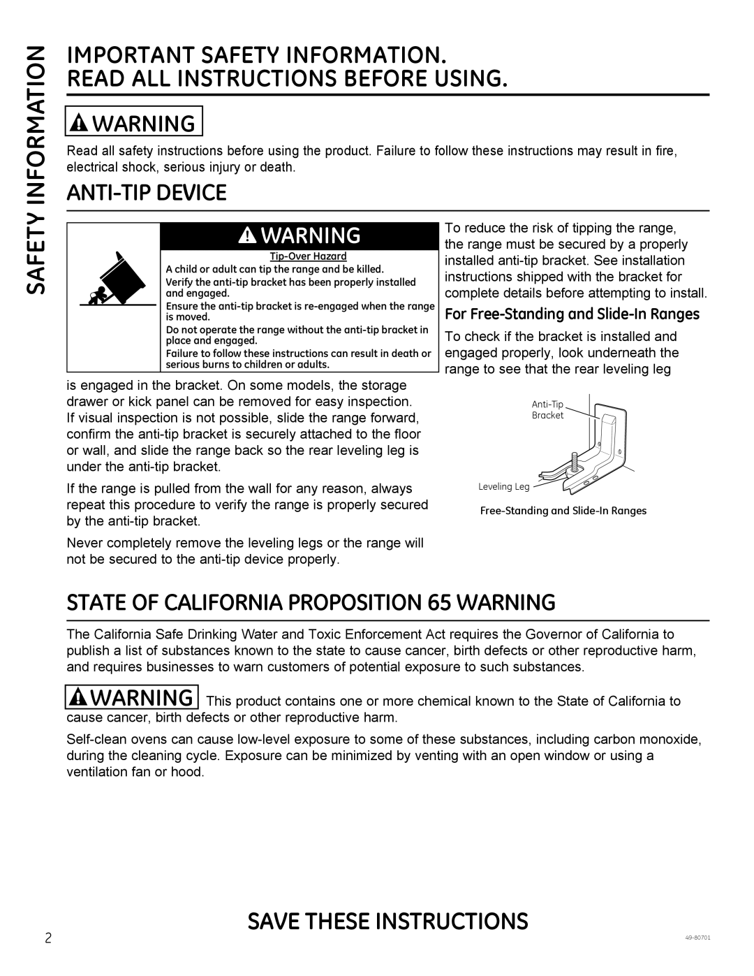 GE PB950 Important Safety Information Read All Instructions Before Using, Save These Instructions, Anti-Tip Device 