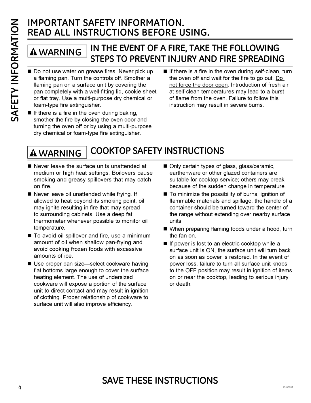 GE JB870, JB850, PB950 Information, Warning Cooktop Safety Instructions, In The Event Of A Fire, Take The Following 