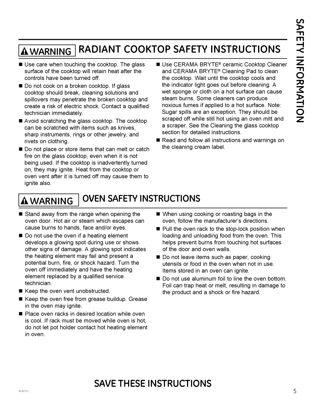 GE PB950, JB850, JB870 Warning Radiant Cooktop Safety Instructions, Warning Oven Safety Instructions, Information 