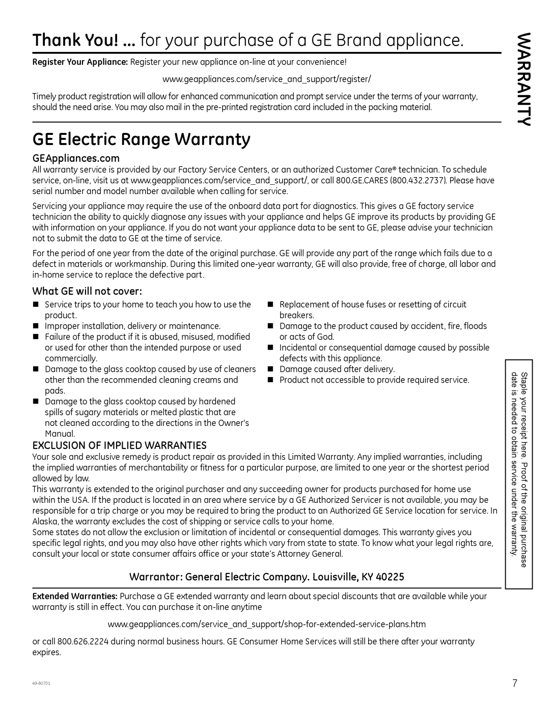 GE JB870, JB850 Thank You! ... for your purchase of a GE Brand appliance, GE Electric Range Warranty, GEAppliances.com 