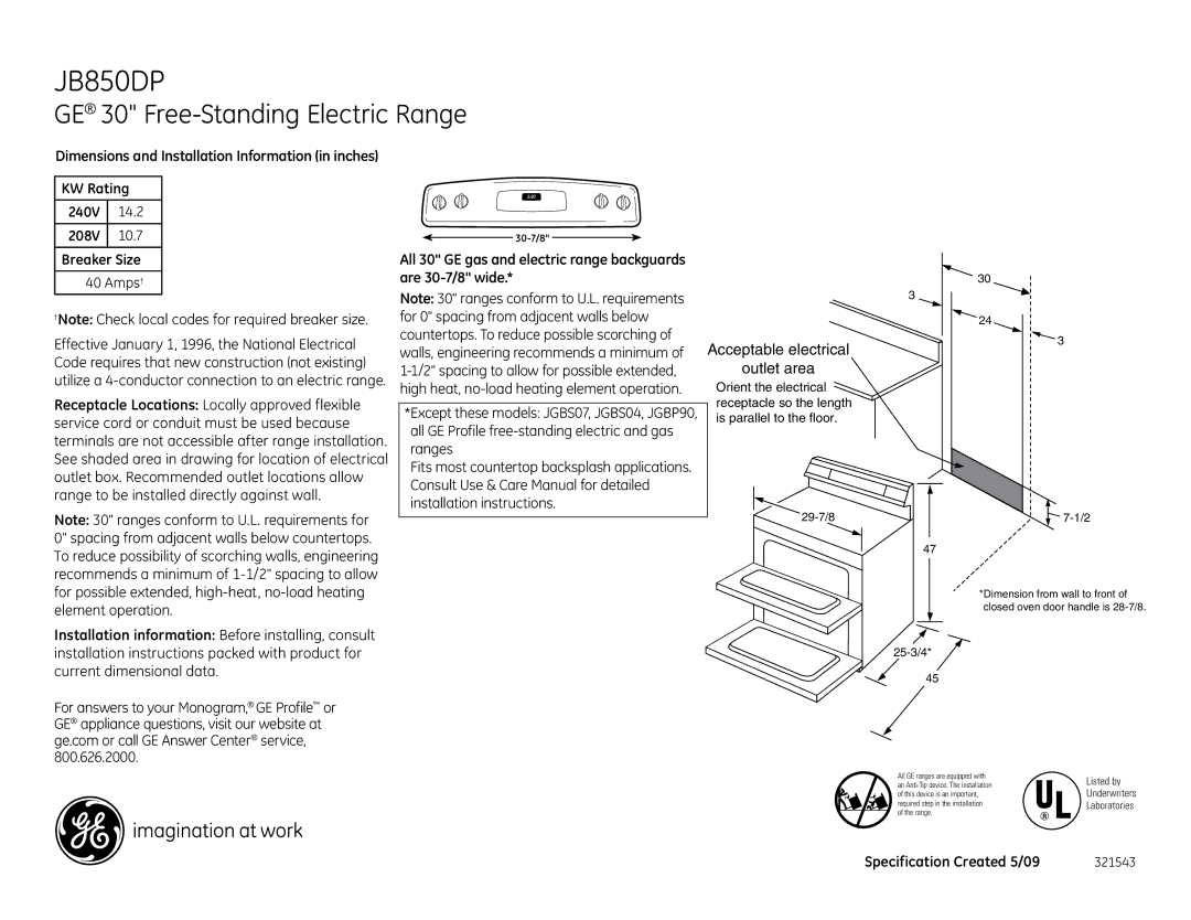 GE JB850DPWW, JB850DPBB dimensions GE 30 Free-Standing Electric Range, Acceptable electrical Outlet area 