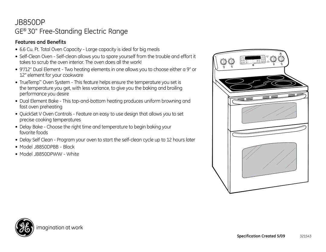 GE JB850DPBB, JB850DPWW dimensions Features and Benefits 