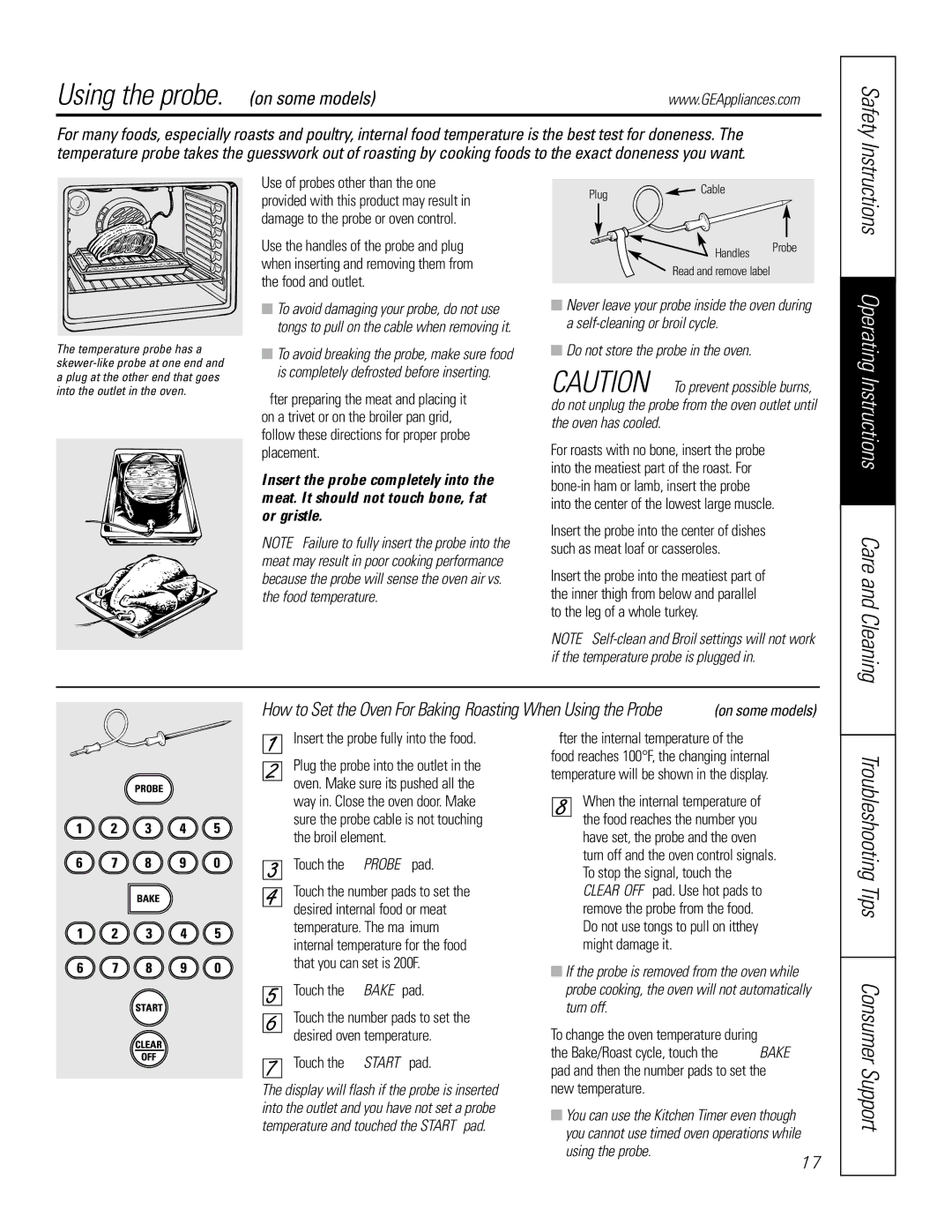 GE JB905 owner manual Using the probe. on some models, Do not store the probe in the oven 