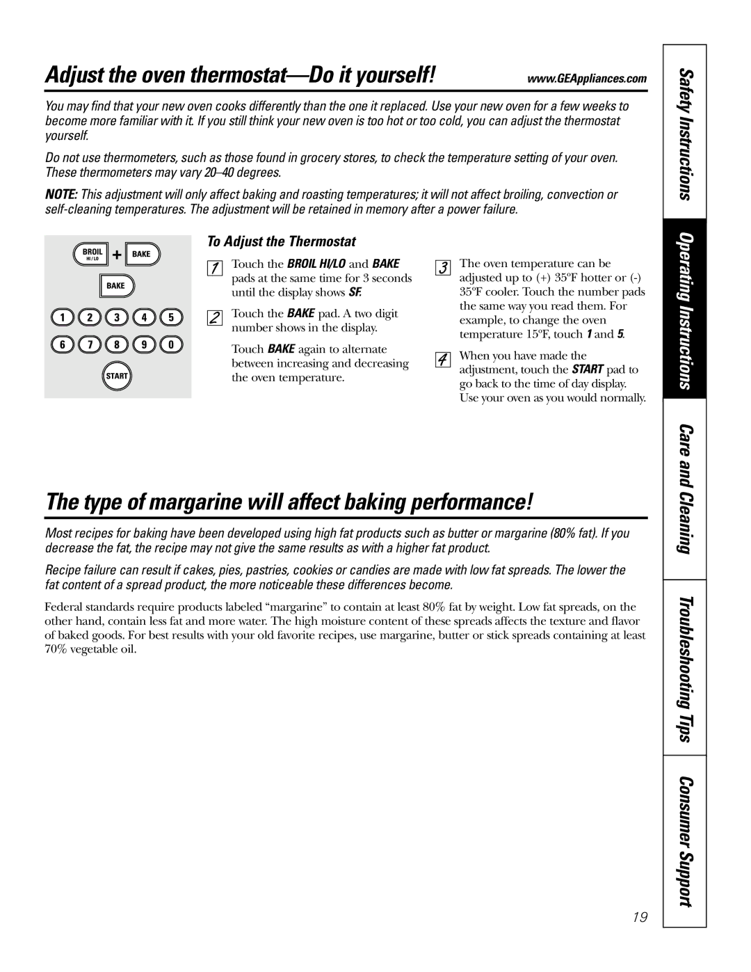 GE JB905 owner manual Adjust the oven thermostat-Do it yourself, Type of margarine will affect baking performance 