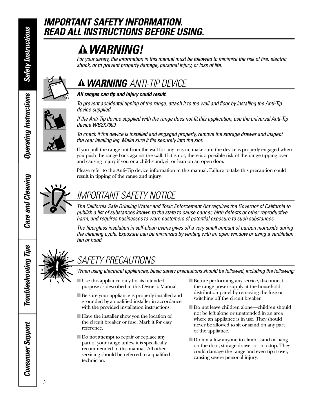 GE JB905 owner manual All ranges can tip and injury could result, Consumer Support Troubleshooting 