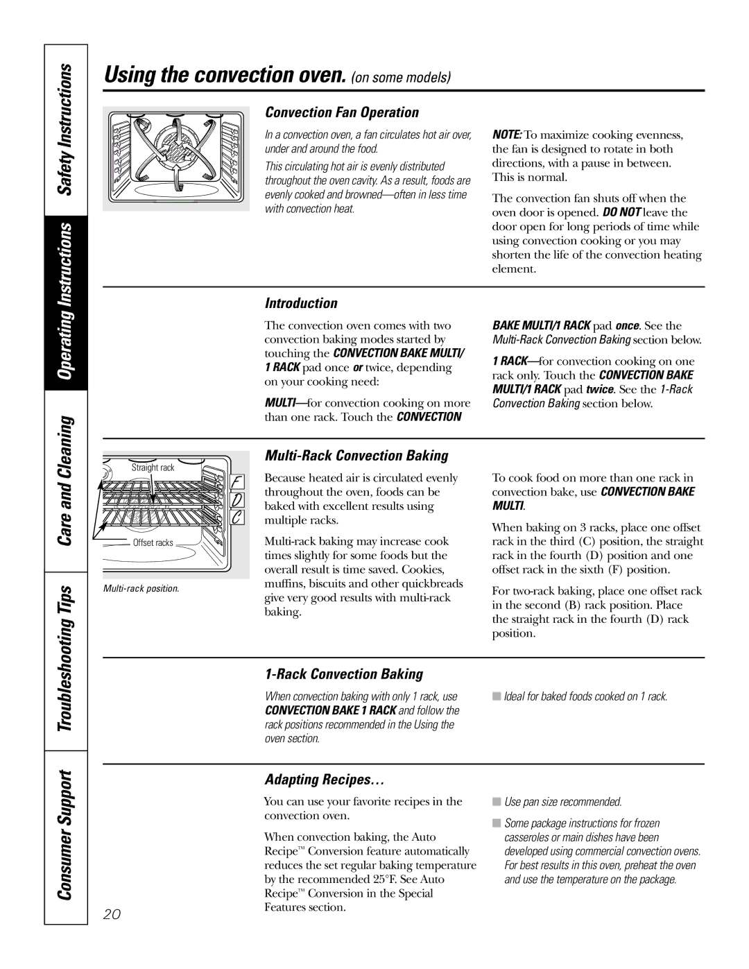 GE JB905 owner manual Using the convection oven. on some models, Tips Care, Cleaning Operating, Consumer Support 