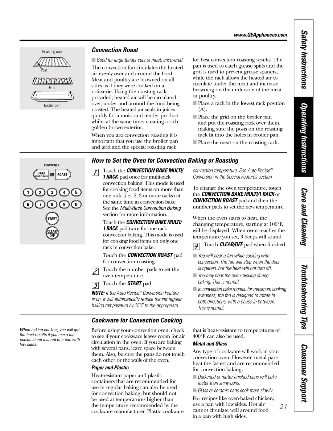 GE JB905 Tips Consumer Support, Care and Cleaning Troubleshooting, Convection Roast, Cookware for Convection Cooking 