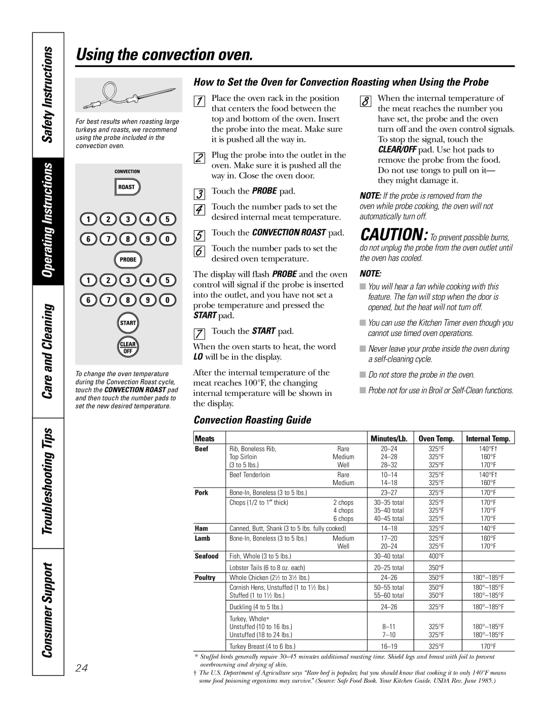 GE JB905 owner manual Using the convection oven, Convection Roasting Guide, Touch the Convection Roast pad 