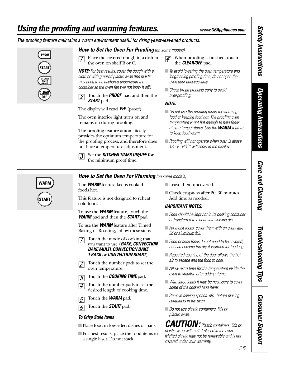 GE JB905 Using the proofing and warming features, Cleaning Troubleshooting Tips Consumer Support, To Crisp Stale Items 