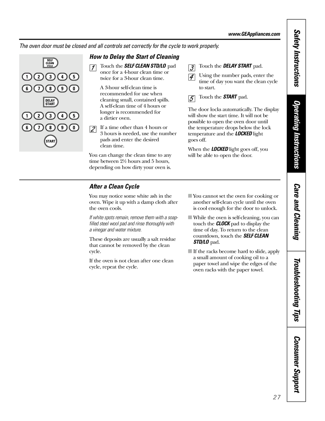 GE JB905 owner manual After a Clean Cycle, How to Delay the Start of Cleaning 