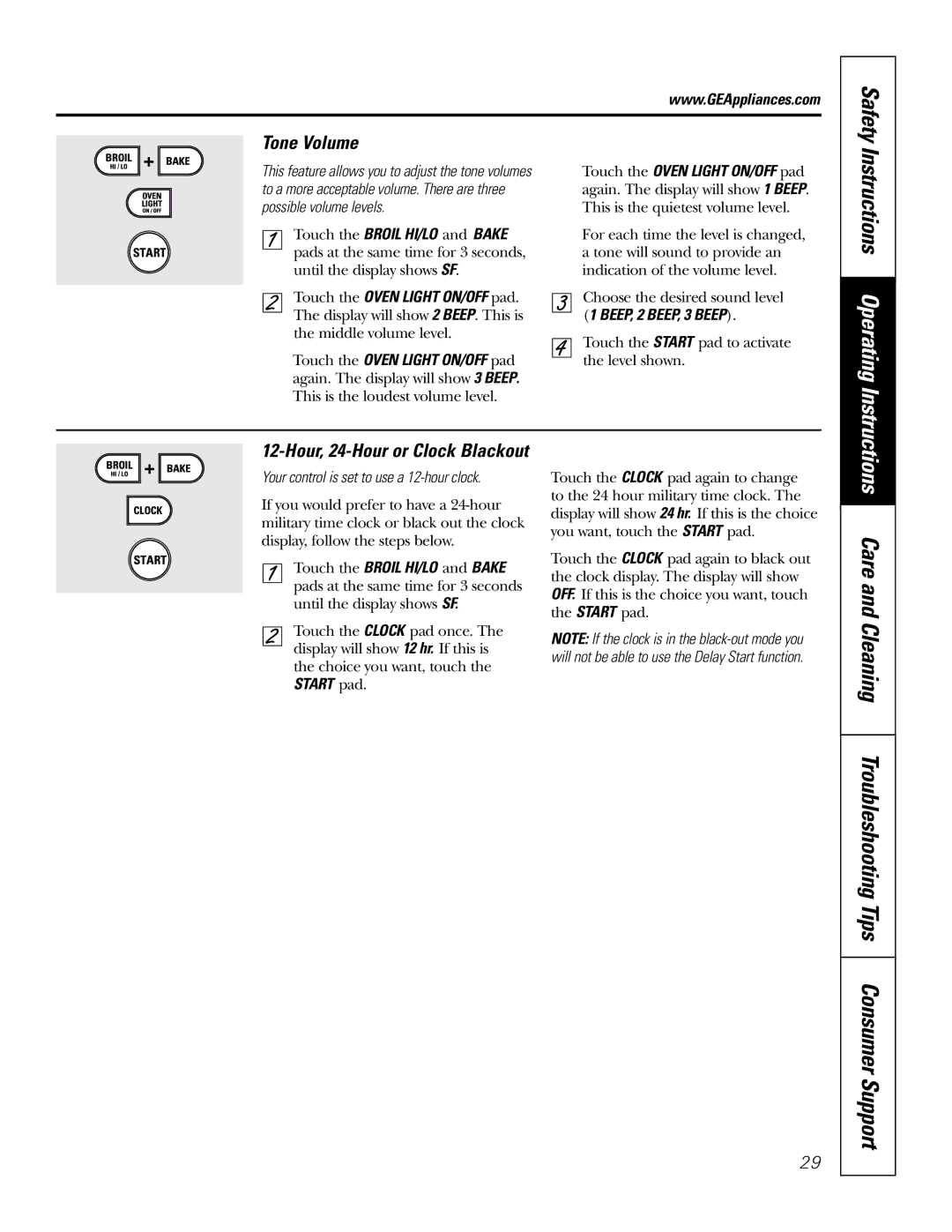 GE JB905 Tone Volume, Possible volume levels, Touch the Broil HI/LO and Bake, Your control is set to use a 12-hour clock 