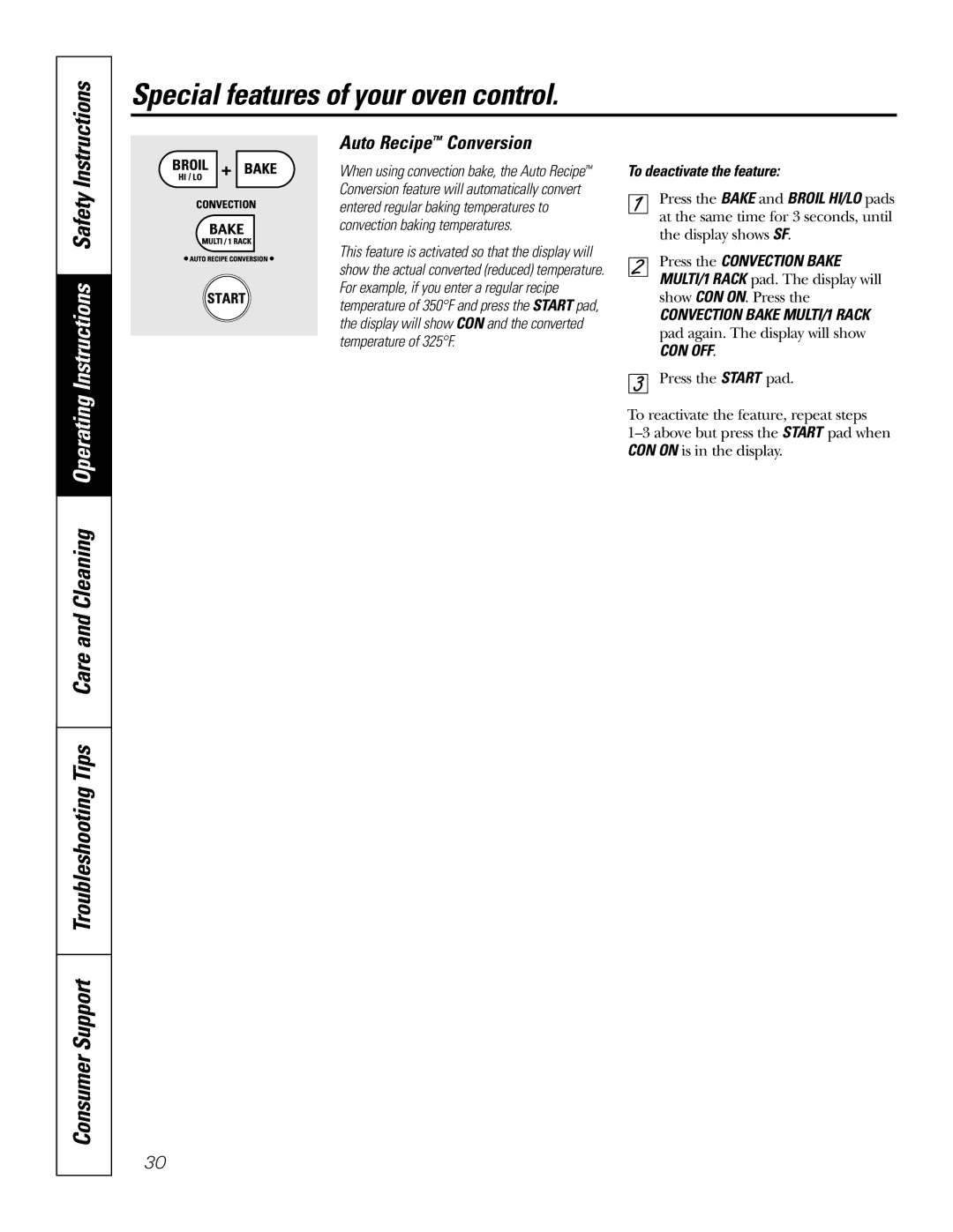 GE JB905 owner manual Auto Recipe Conversion, To deactivate the feature 