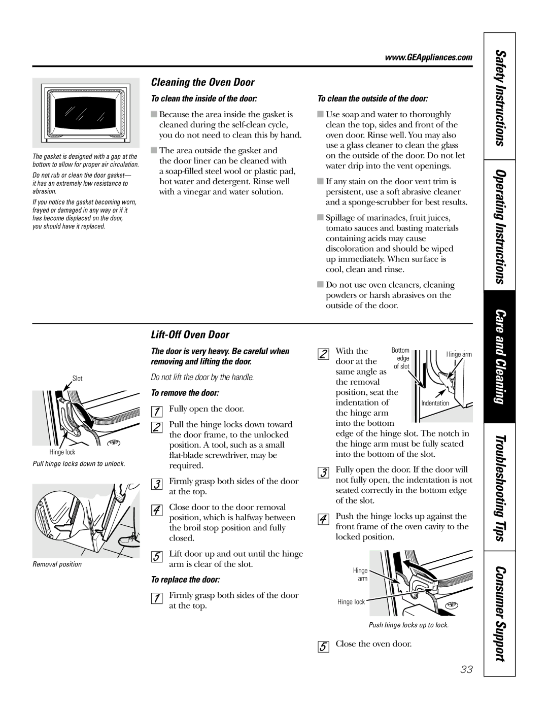 GE JB905 Cleaning Troubleshooting Tips Consumer, Instructions Operating Instructions Care, Cleaning the Oven Door 