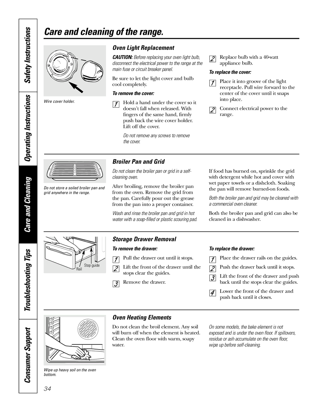 GE JB905 owner manual Operating Instructions Safety, Oven Light Replacement, Broiler Pan and Grid, Storage Drawer Removal 