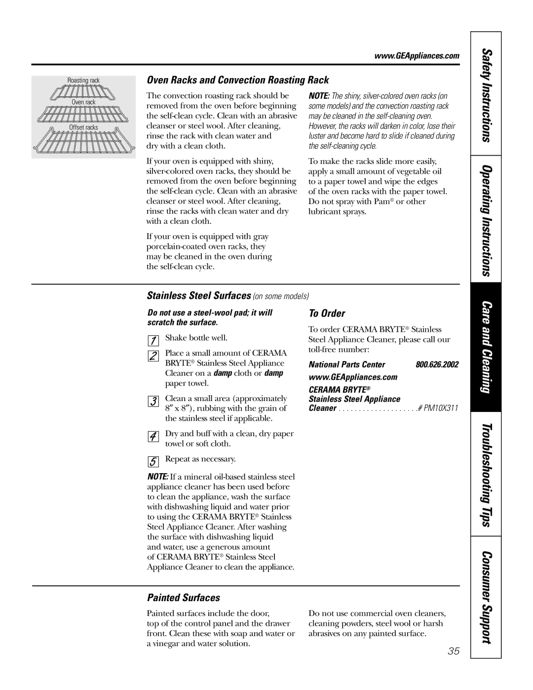 GE JB905 Safety Instructions Operating Instructions, Oven Racks and Convection Roasting Rack, To Order, Painted Surfaces 