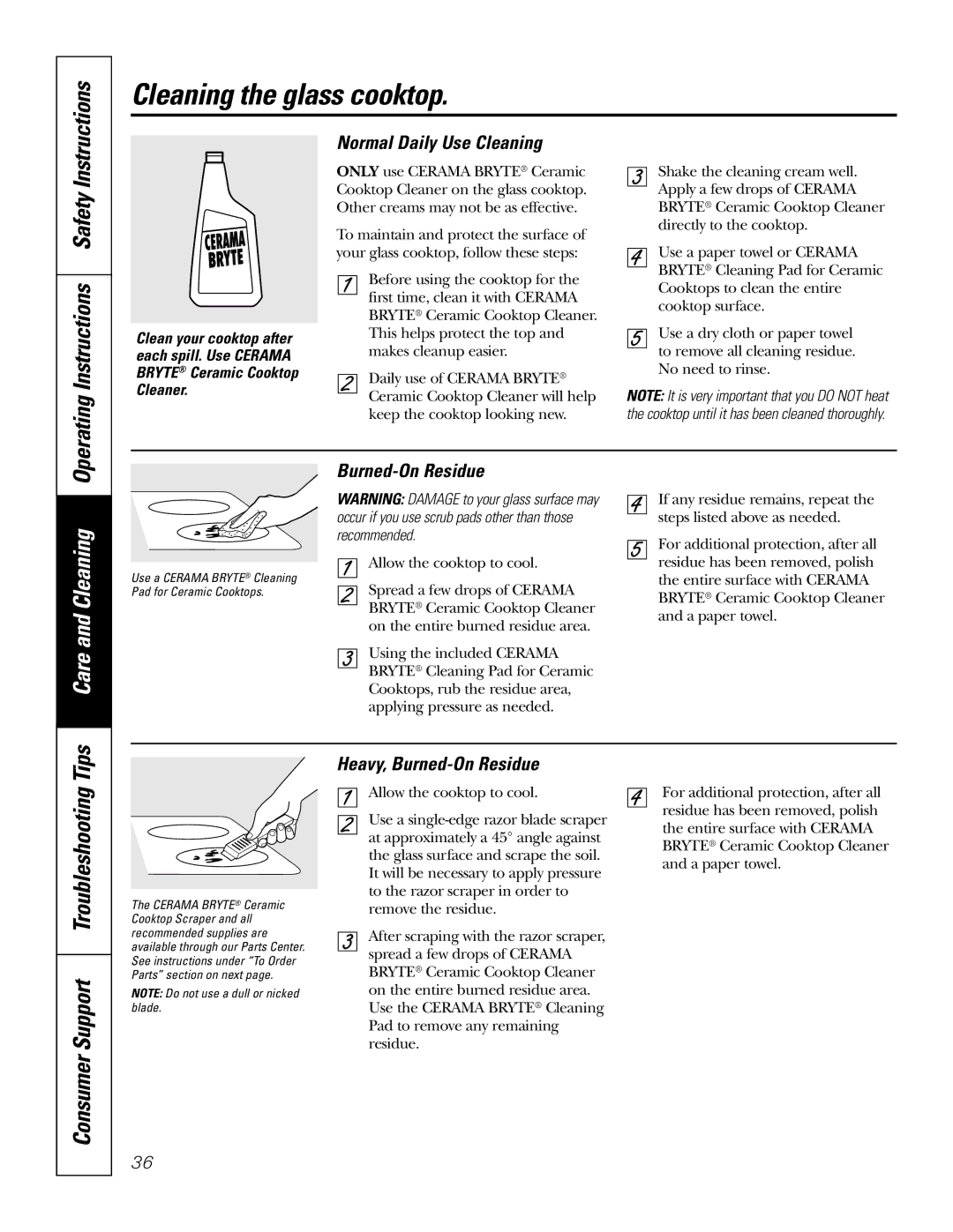 GE JB905 owner manual Cleaning the glass cooktop, Normal Daily Use Cleaning, Heavy, Burned-On Residue 