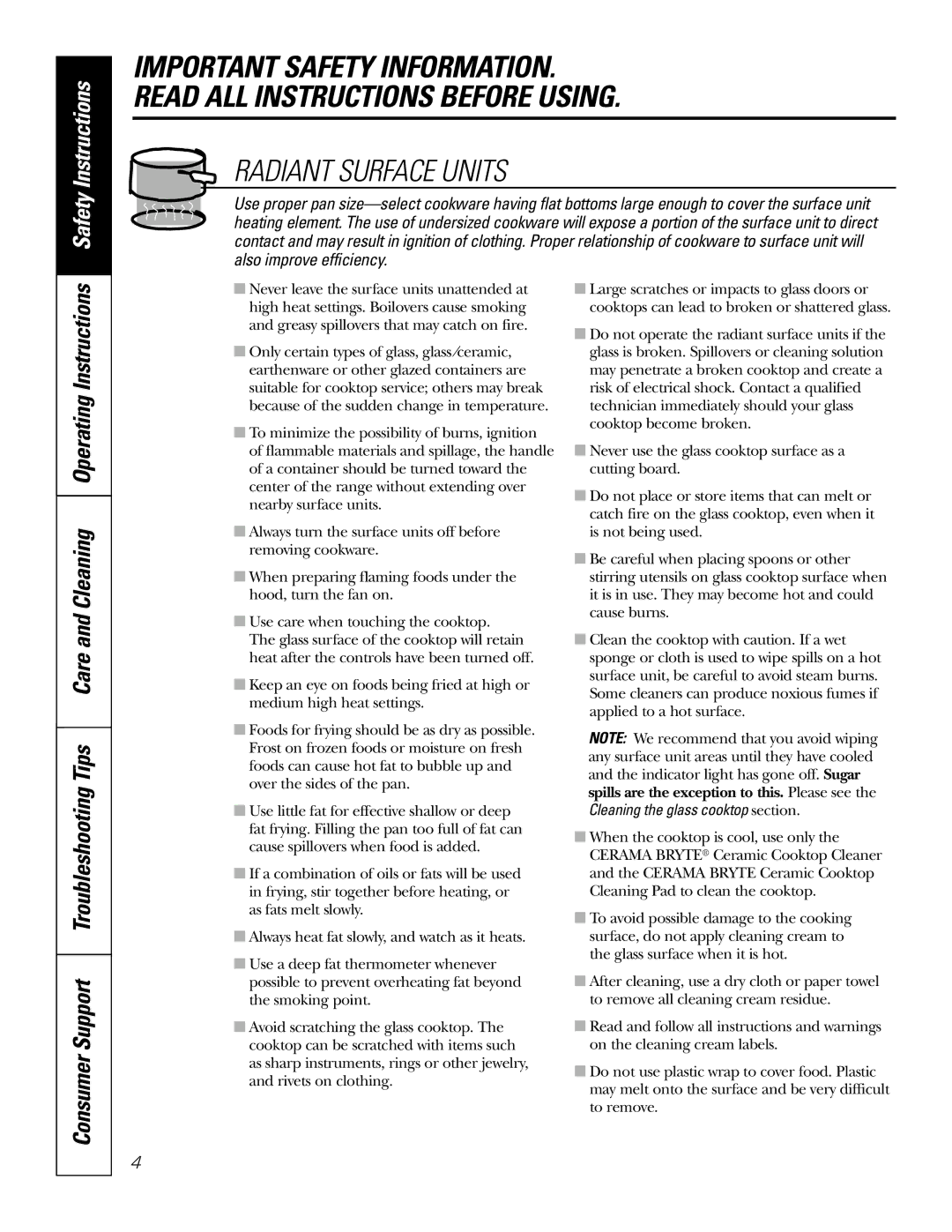 GE JB905 owner manual Radiant Surface Units, Cleaning the glass cooktop section 