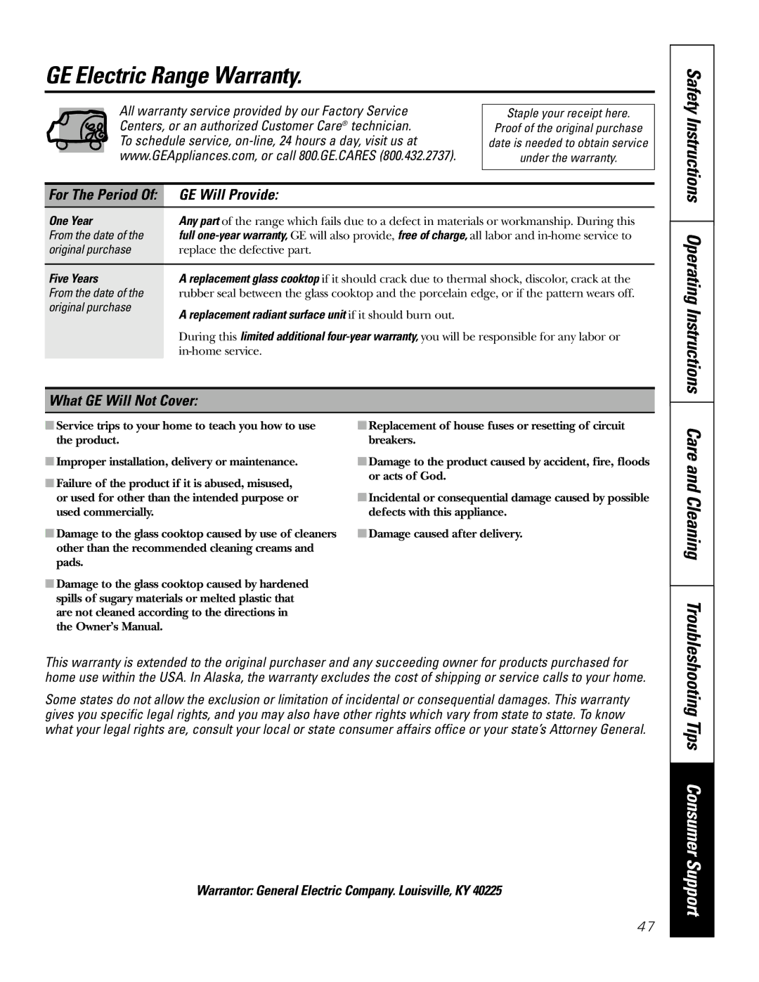 GE JB905 owner manual GE Electric Range Warranty, GE Will Provide, What GE Will Not Cover 