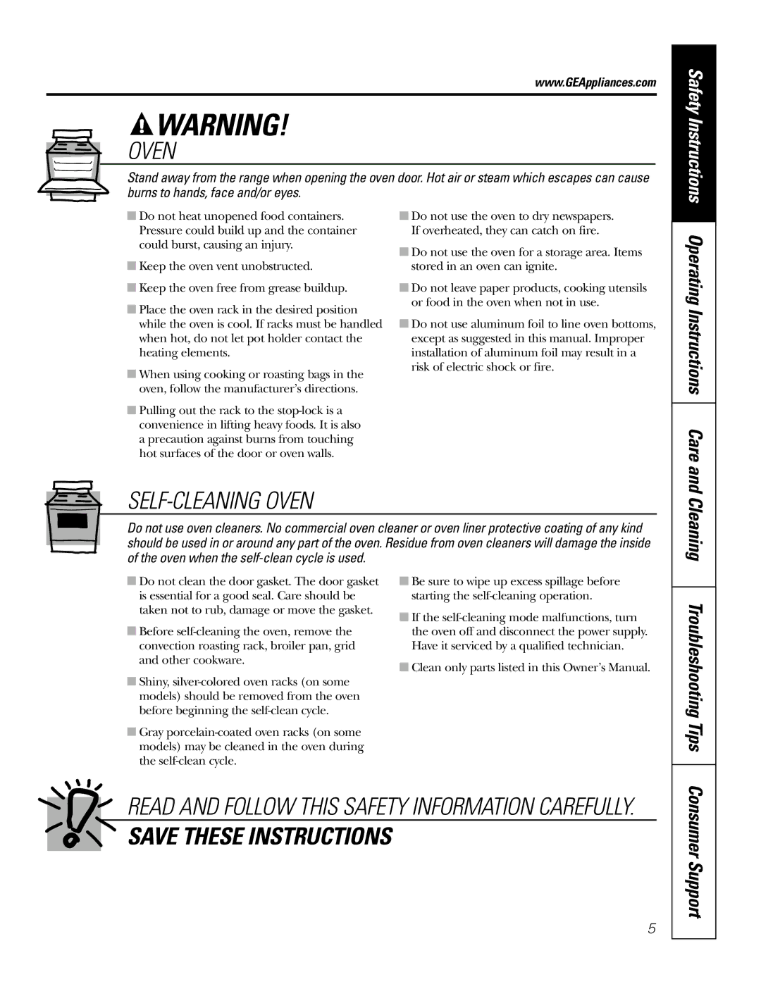 GE JB905 owner manual Cleaning, Troubleshooting Tips, Consumer Support, Operating Instructions Care 