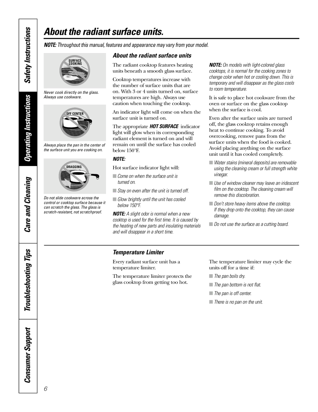 GE JB905 owner manual About the radiant surface units, Care and Cleaning Operating Instructions Safety 