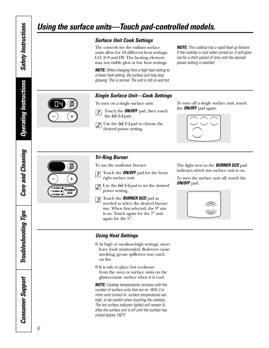 GE JB905 Using the surface units-Touch pad-controlled models, Tips Care and Cleaning, Consumer Support Troubleshooting 