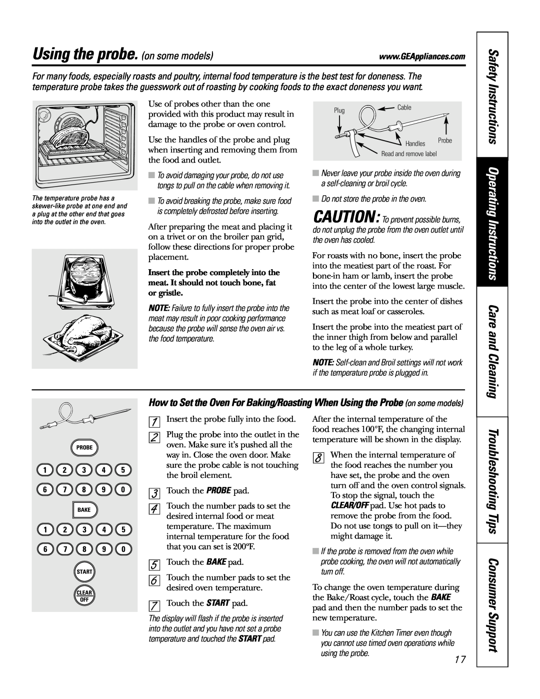 GE JB905 owner manual Using the probe. on some models, Safety, Troubleshooting Tips Consumer Support, using the probe 