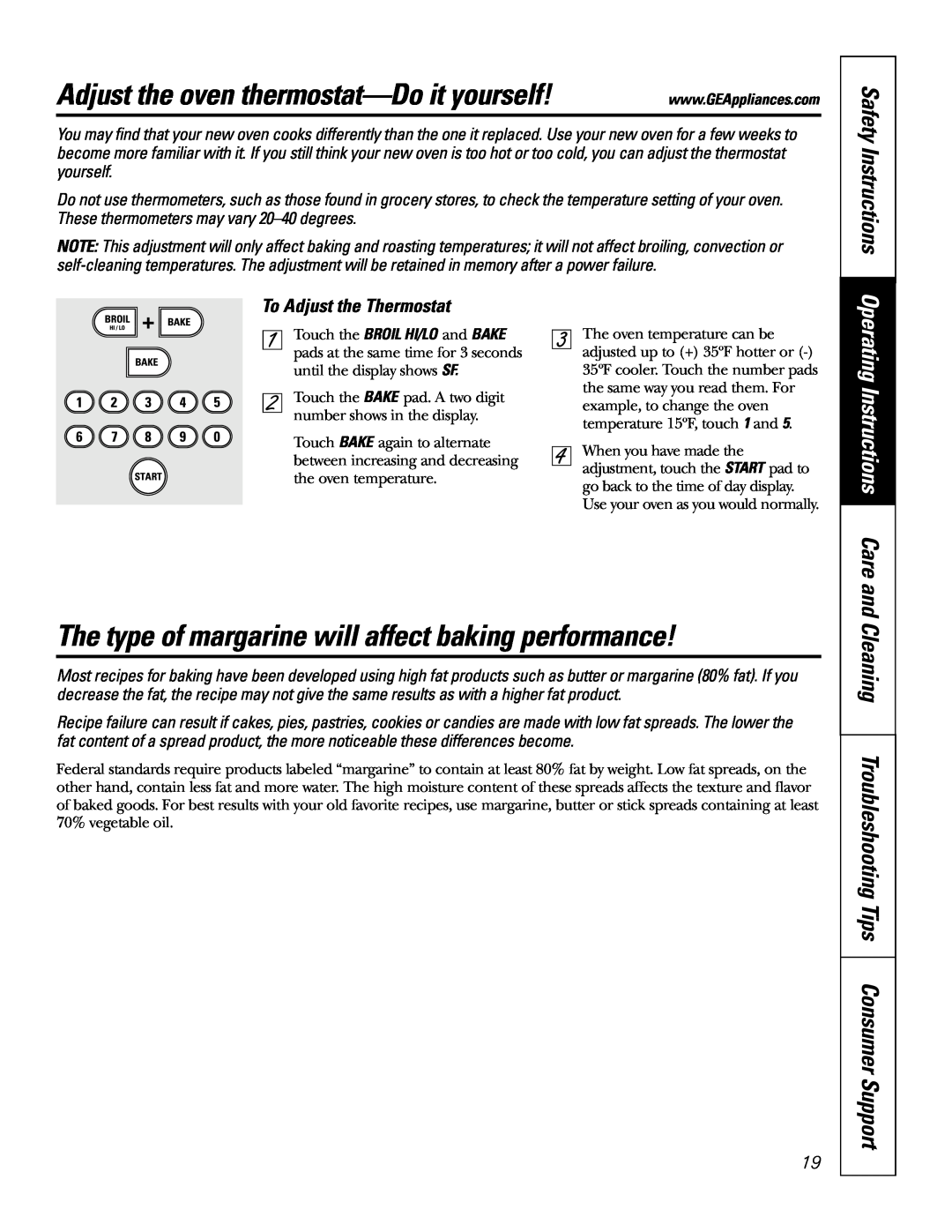 GE JB905 owner manual Adjust the oven thermostat-Do it yourself, The type of margarine will affect baking performance 