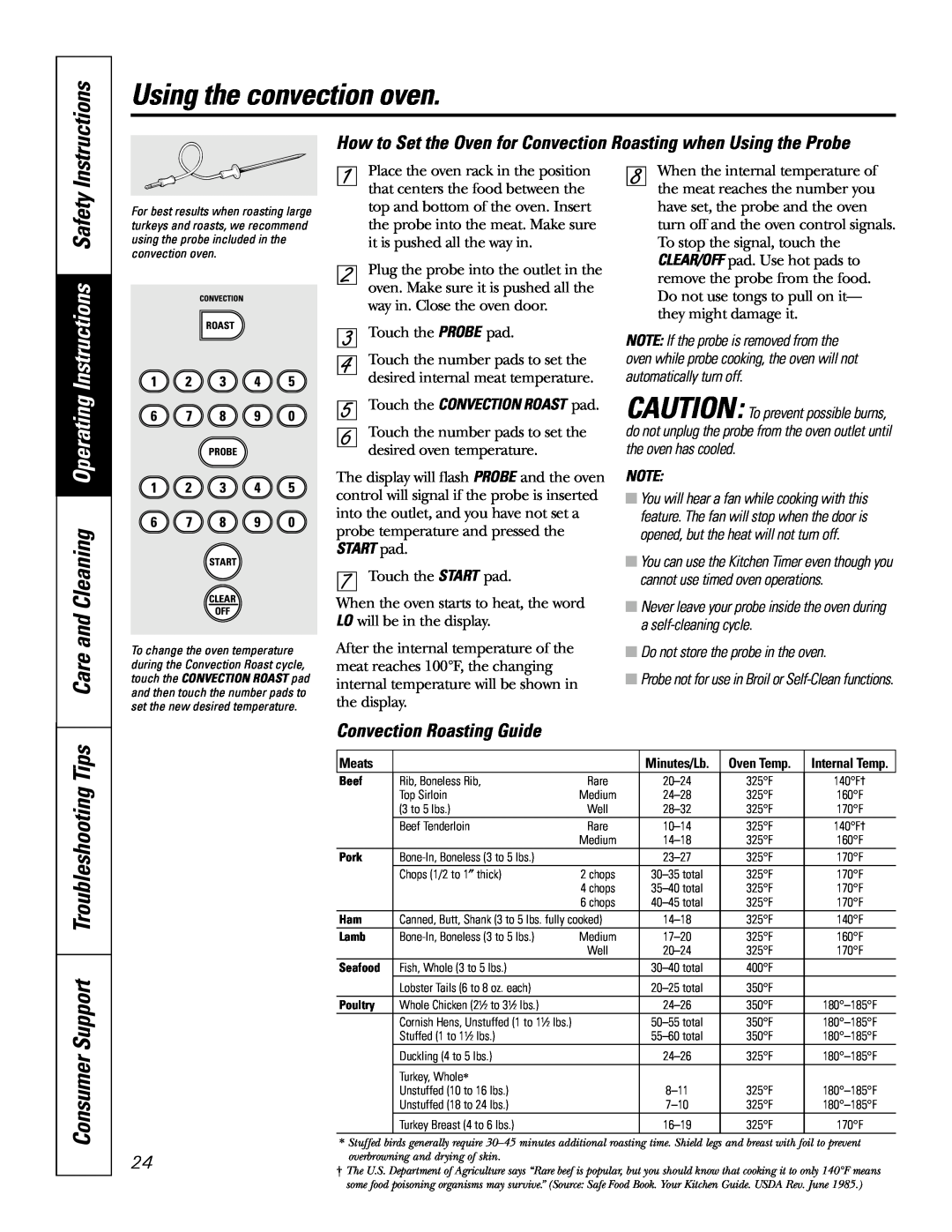 GE JB905 owner manual Using the convection oven, Care and Cleaning Operating Instructions Safety, Convection Roasting Guide 