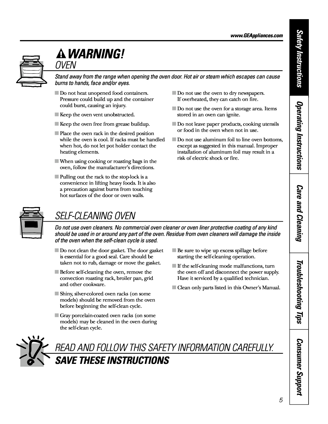 GE JB905 Self-Cleaning Oven, Save These Instructions, Troubleshooting Tips, Consumer Support, Safety Instructions 