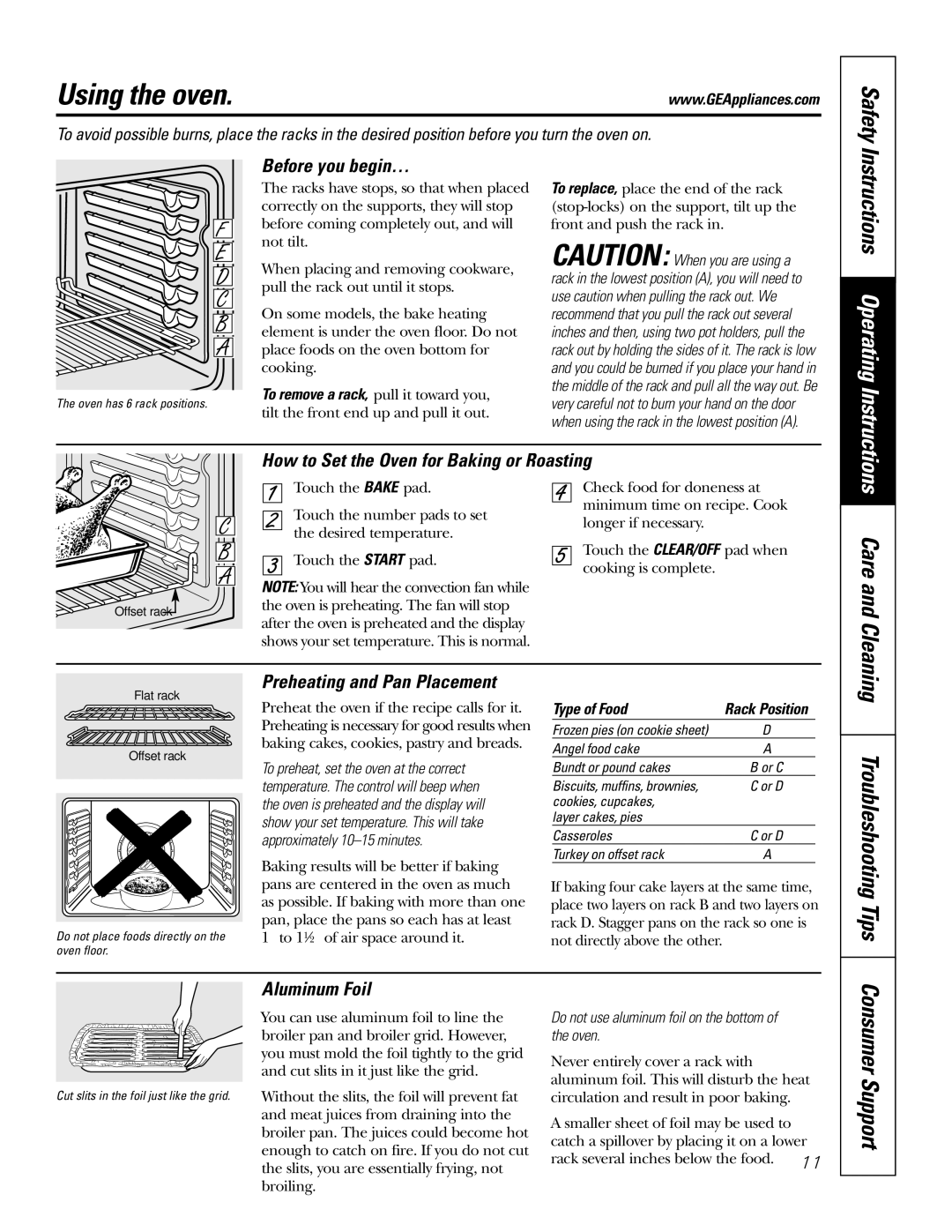 GE JB910 owner manual Using the oven, Before you begin…, Preheating and Pan Placement, Aluminum Foil, Type of Food 