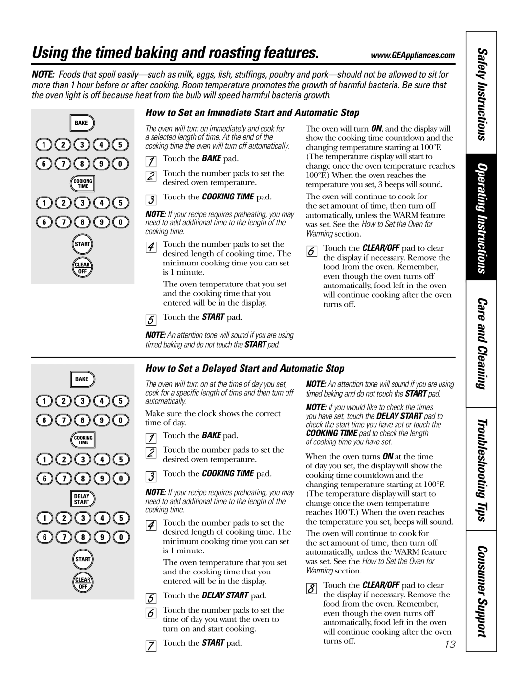 GE JB910 Troubleshooting Tips Consumer Support, How to Set an Immediate Start and Automatic Stop, Safety Instructions 