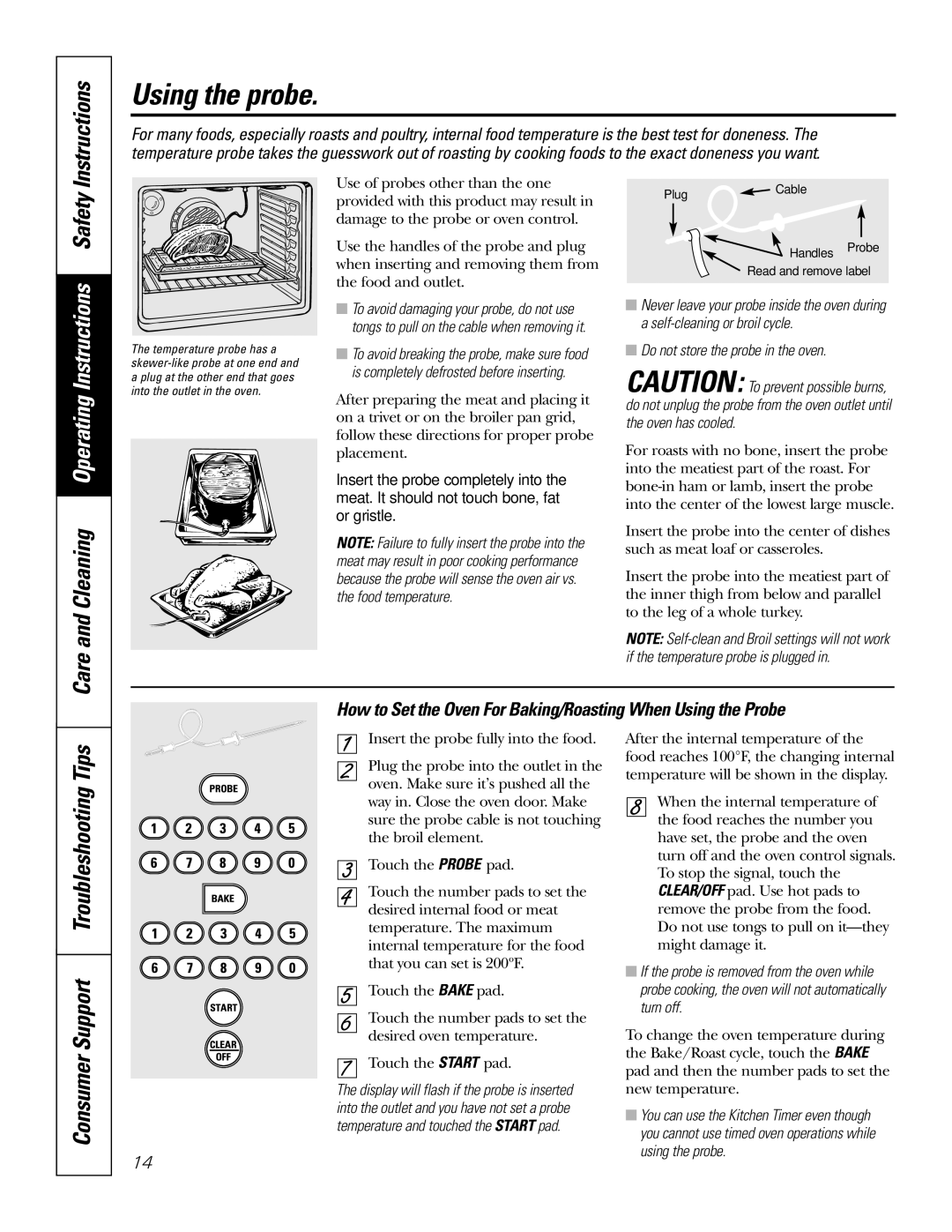 GE JB910 owner manual Do not store the probe in the oven, Using the probe 