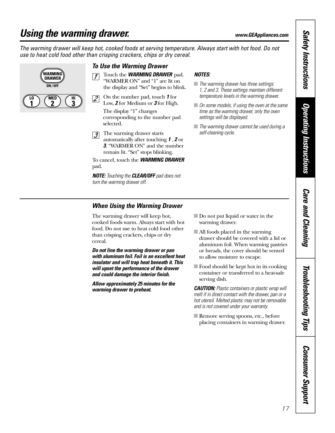 GE JB910 Using the warming drawer, Care and Cleaning Troubleshooting Tips Consumer Support, To Use the Warming Drawer 