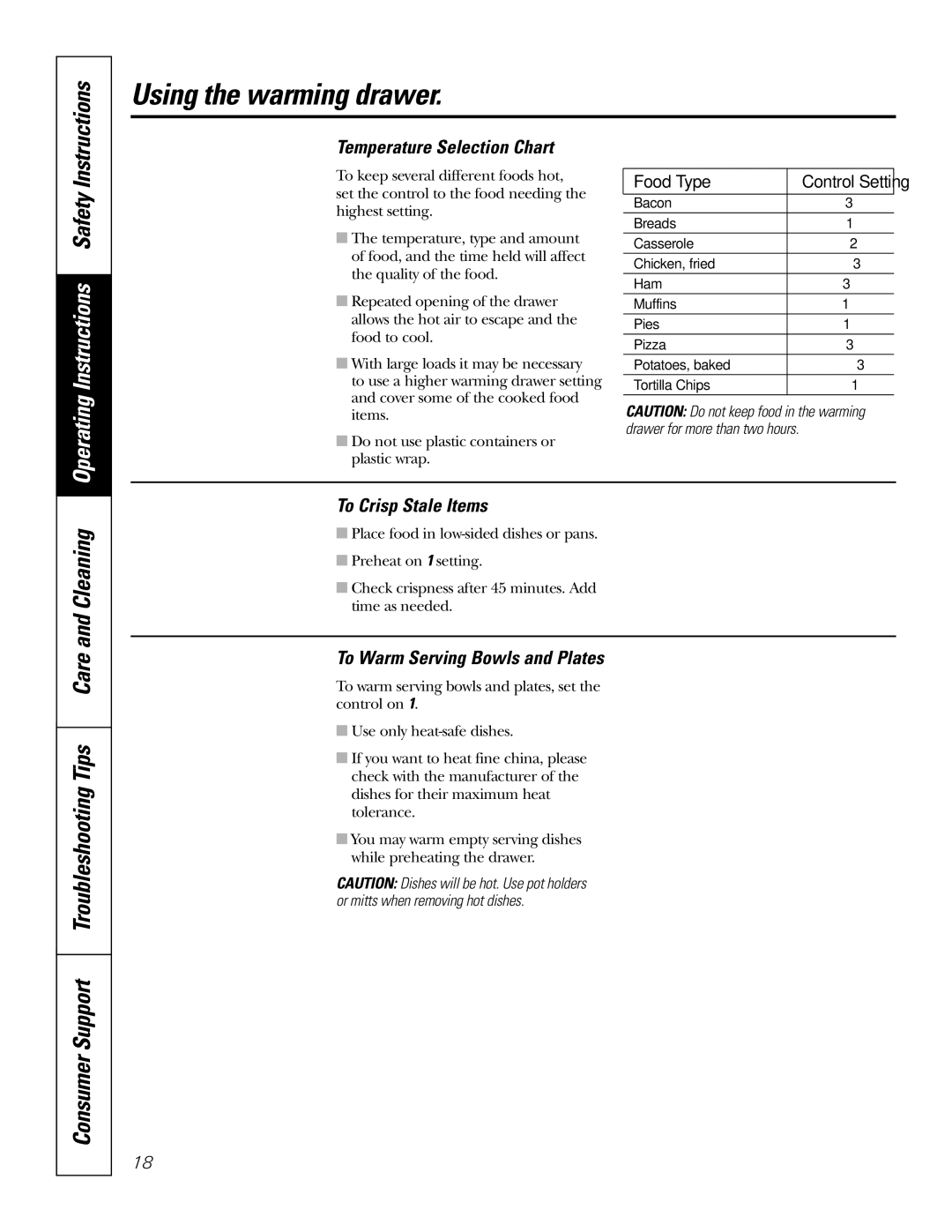 GE JB910 owner manual Temperature Selection Chart, To Crisp Stale Items, To Warm Serving Bowls and Plates 