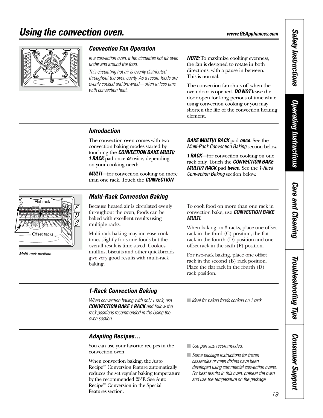 GE JB910 owner manual Using the convection oven, Tips, Consumer Support, Instructions Operating, Instructions Care 