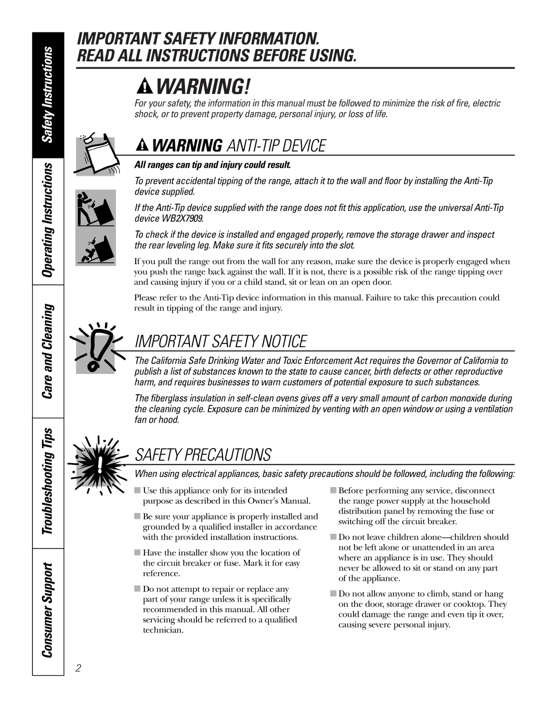 GE JB910 owner manual All ranges can tip and injury could result, Consumer Support Troubleshooting 