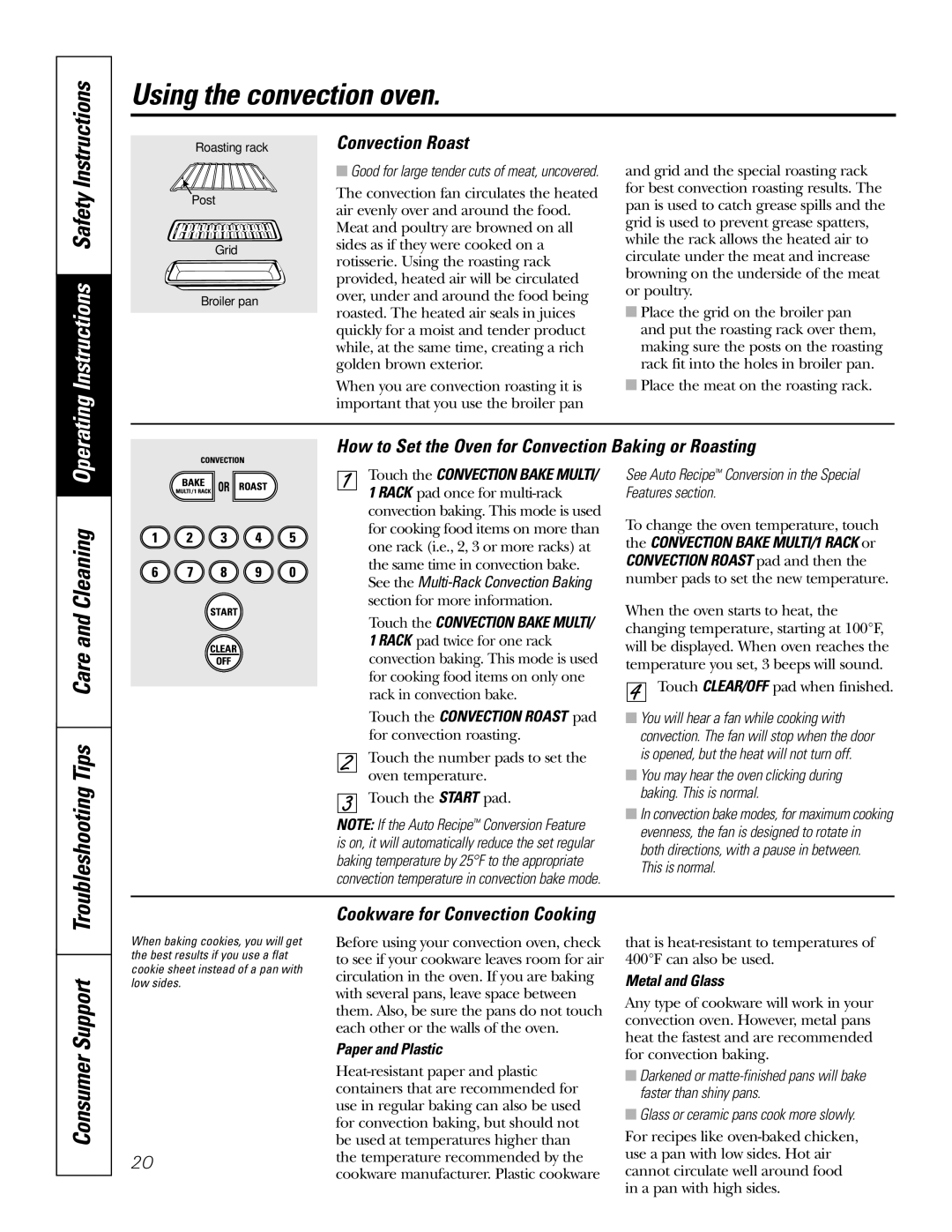 GE JB910 Troubleshooting Tips Care and Cleaning, Convection Roast, How to Set the Oven for Convection Baking or Roasting 