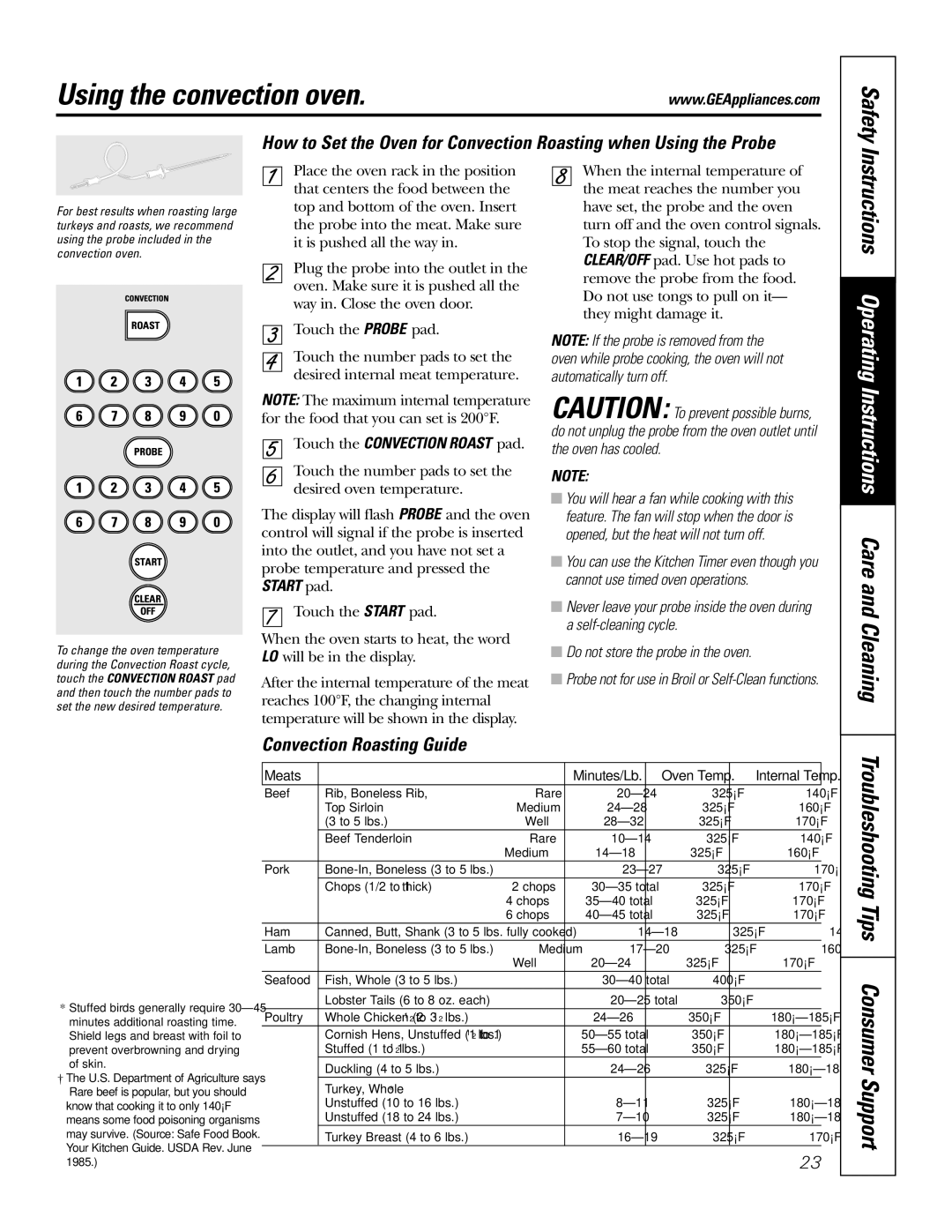 GE JB910 owner manual Convection Roasting Guide, Touch the Convection Roast pad 