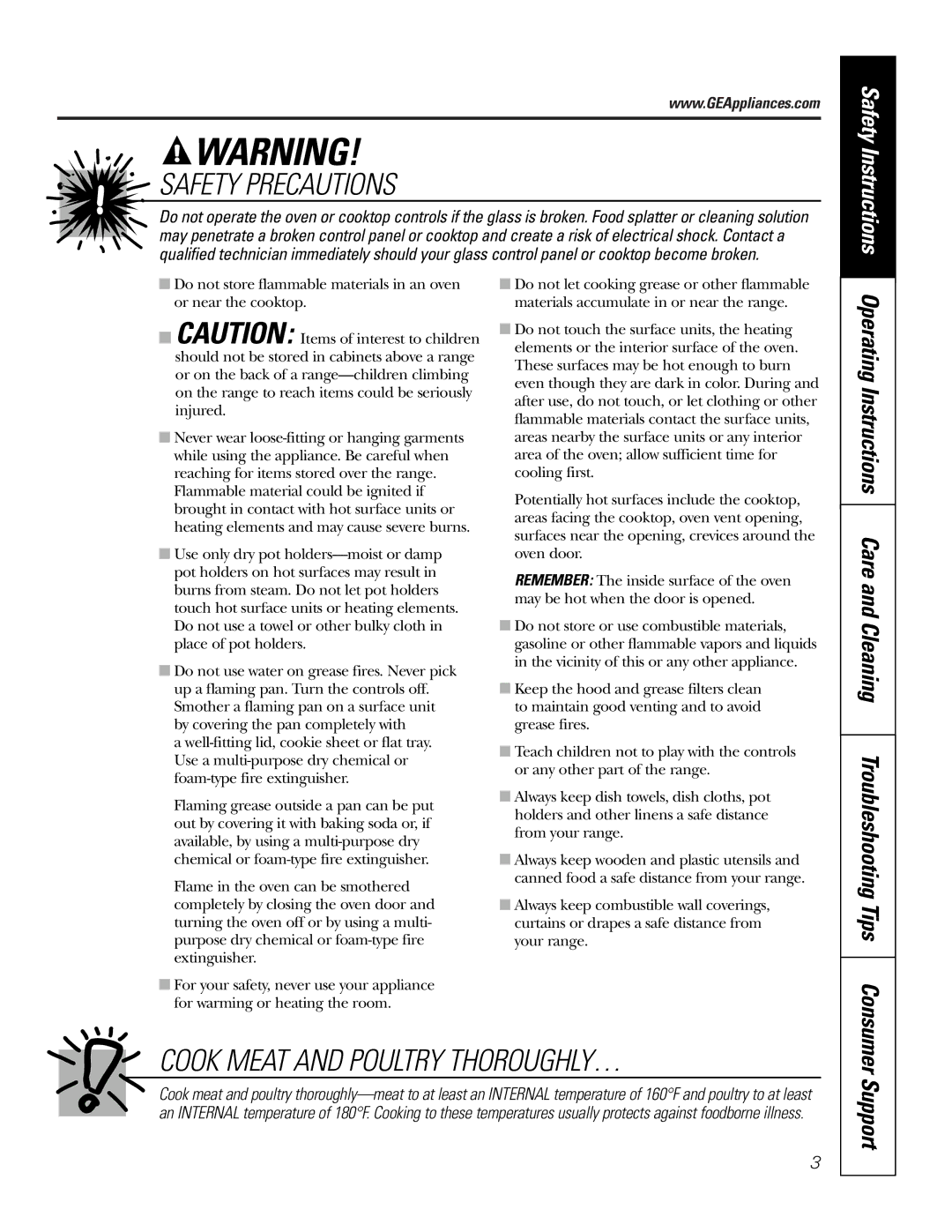 GE JB910 owner manual Support, Safety Instructions 