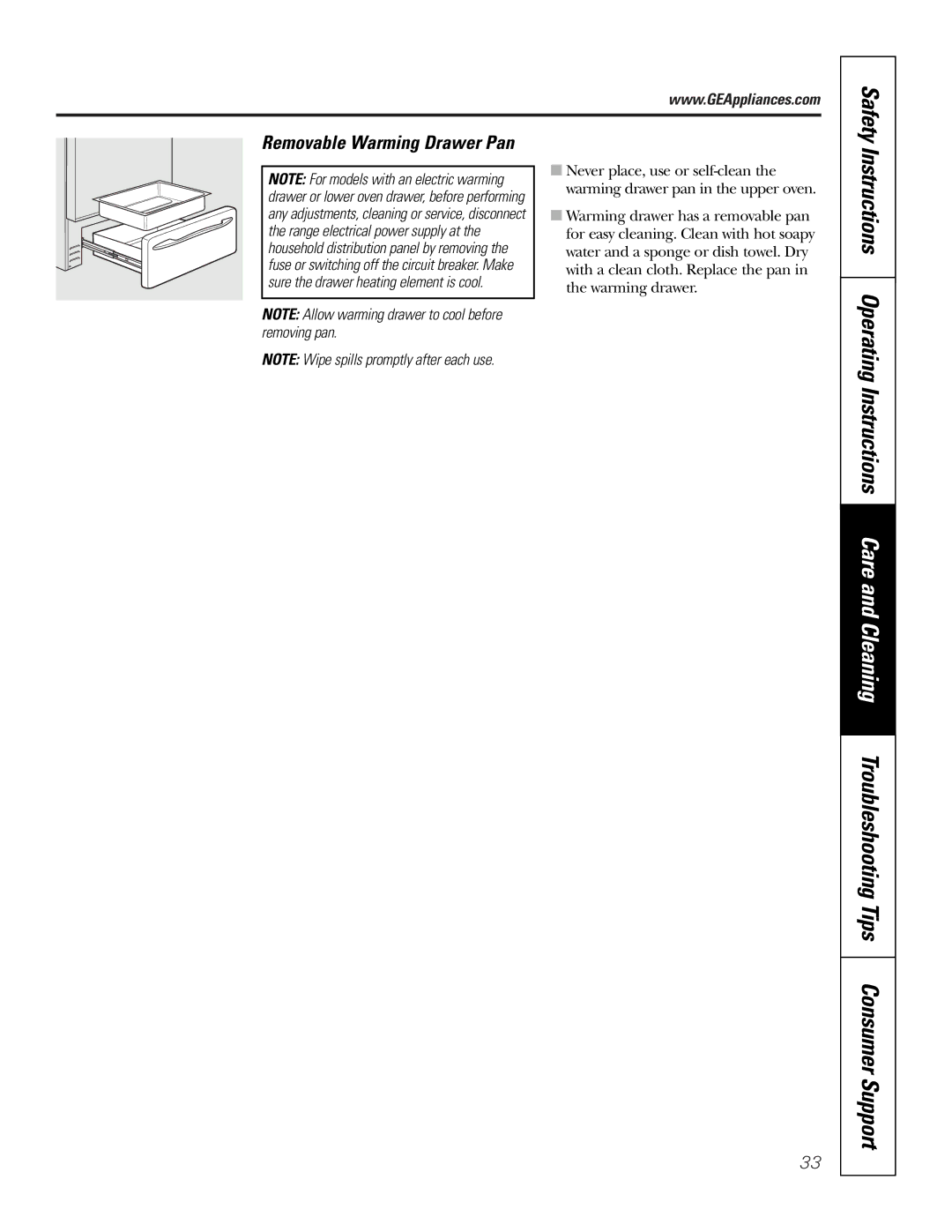 GE JB910 owner manual Safety, Removable Warming Drawer Pan 