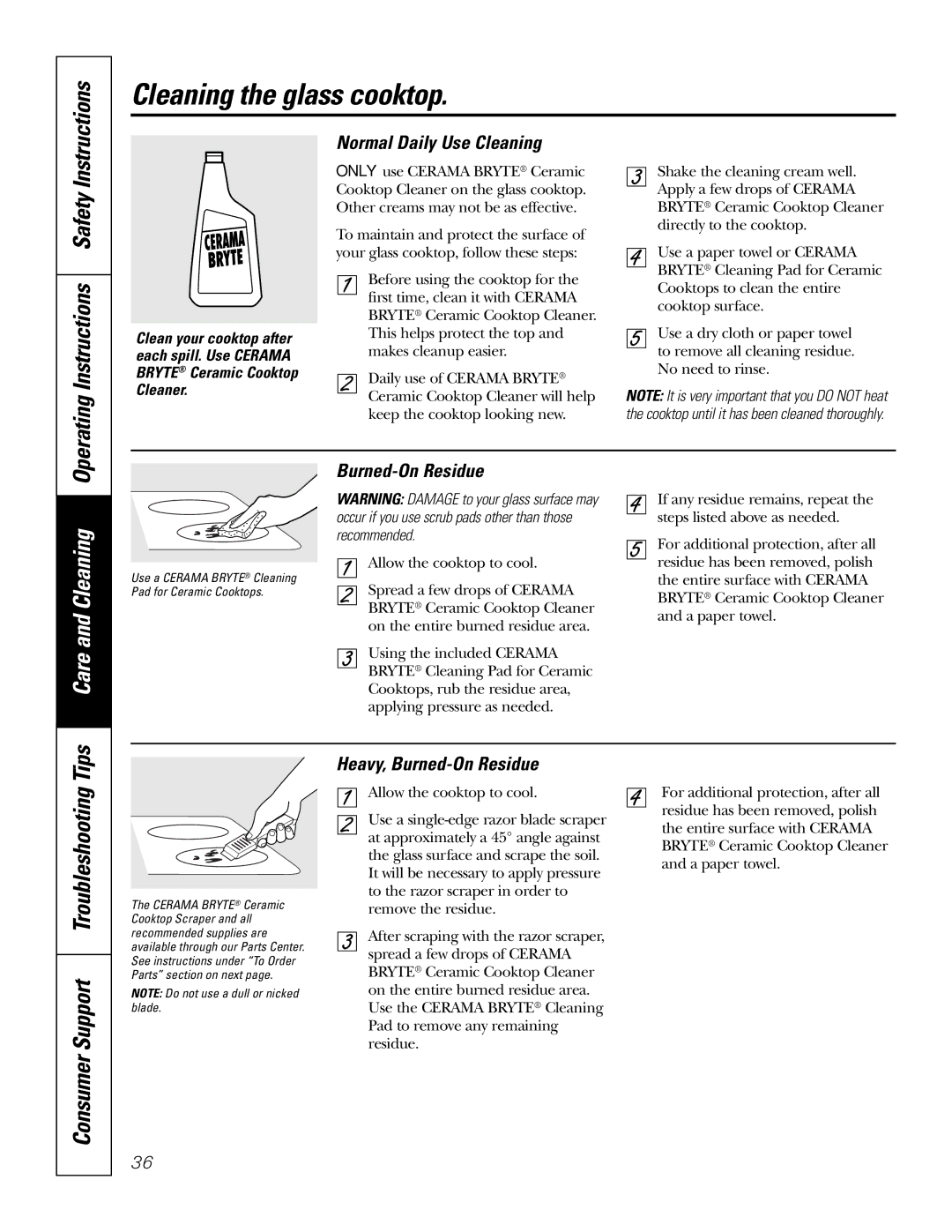 GE JB910 owner manual Cleaning the glass cooktop, Normal Daily Use Cleaning, Heavy, Burned-On Residue 