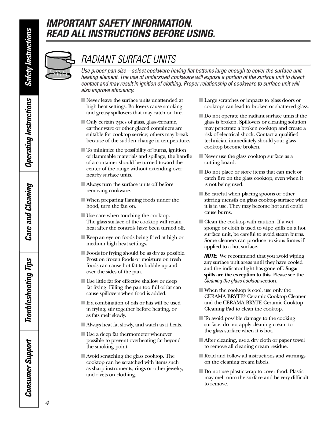 GE JB910 owner manual Radiant Surface Units, Cleaning the glass cooktop section 