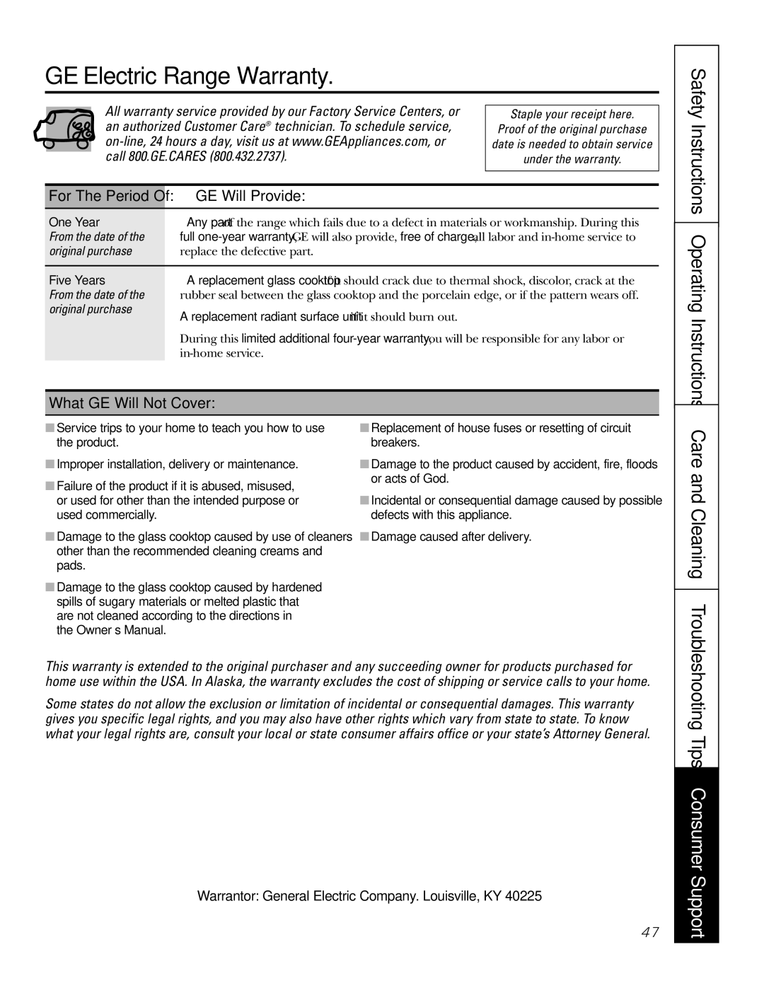 GE JB910 owner manual GE Electric Range Warranty, Care and Cleaning, GE Will Provide, What GE Will Not Cover 