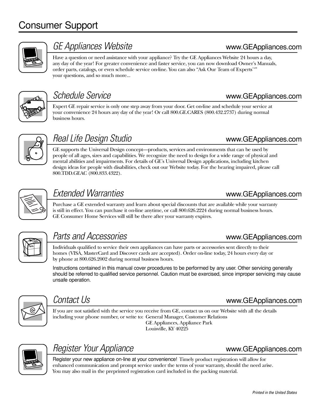 GE JB910 Consumer Support GE Appliances Website, Schedule Service, Real Life Design Studio, Extended Warranties 