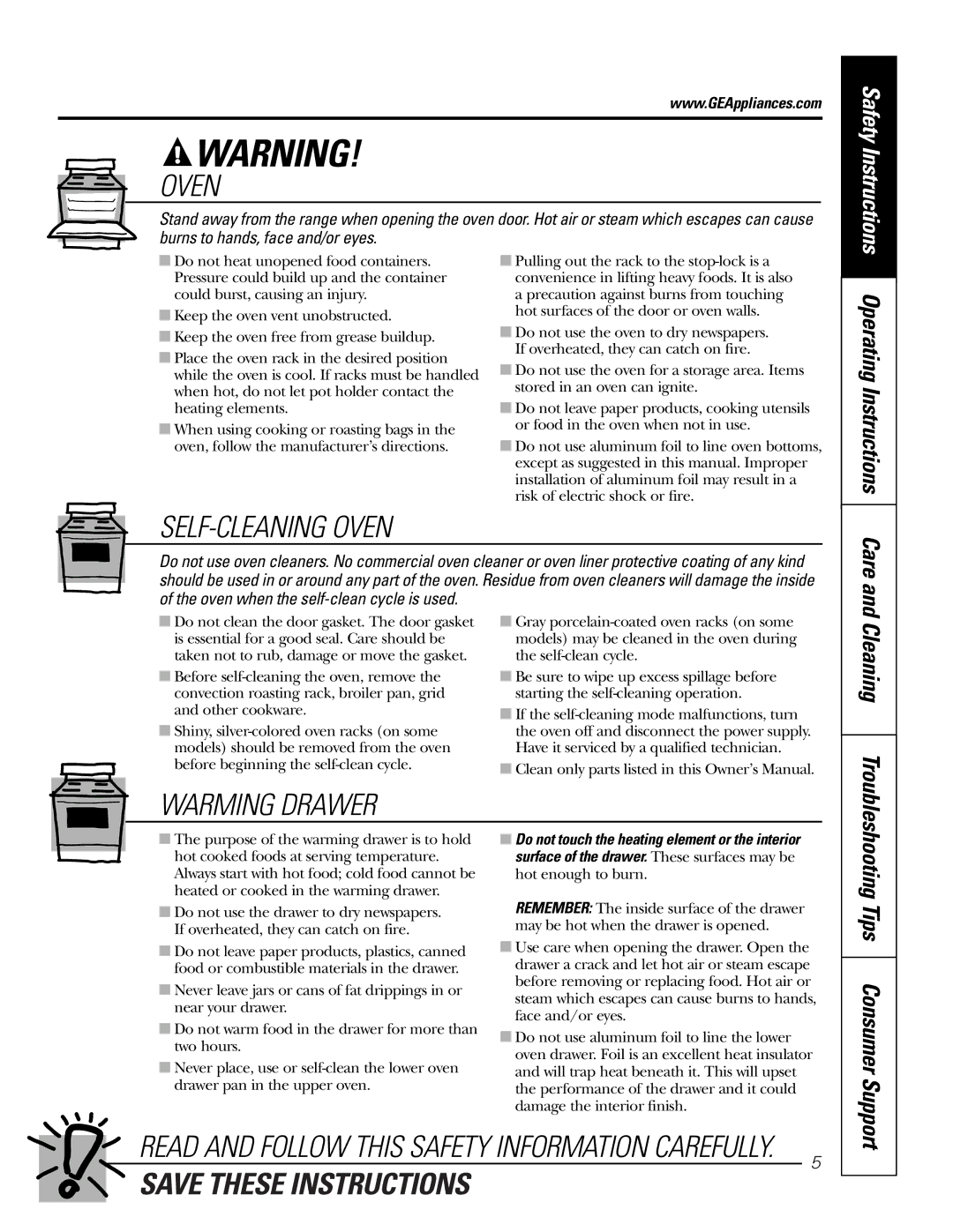 GE JB910 owner manual Cleaning, Care 