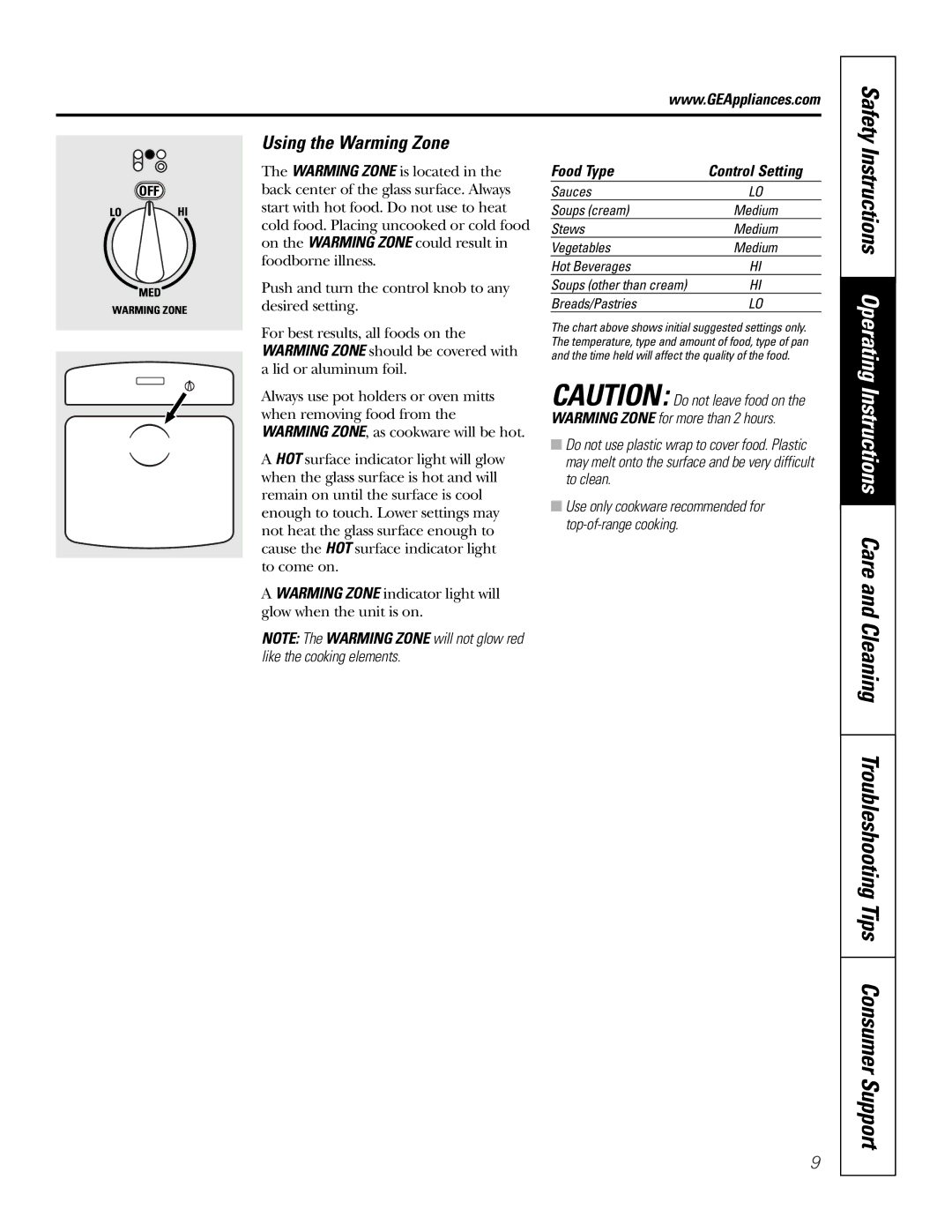 GE JB910 owner manual Using the Warming Zone, Food Type 