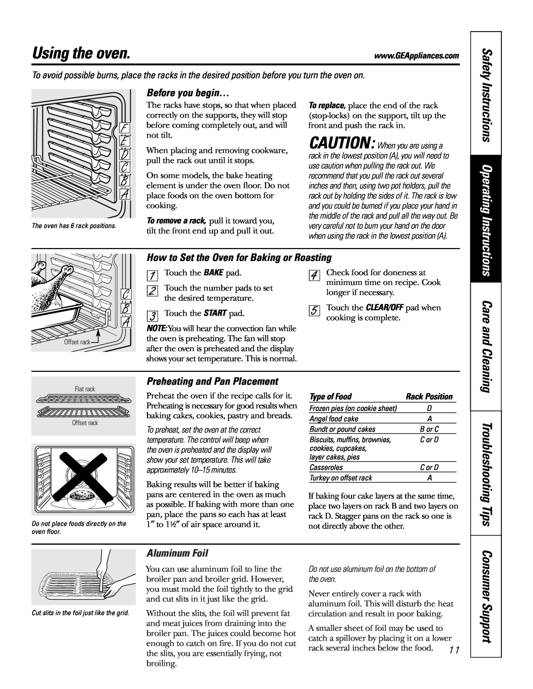 GE JB910 owner manual Using the oven, Before you begin…, Preheating and Pan Placement, Aluminum Foil 