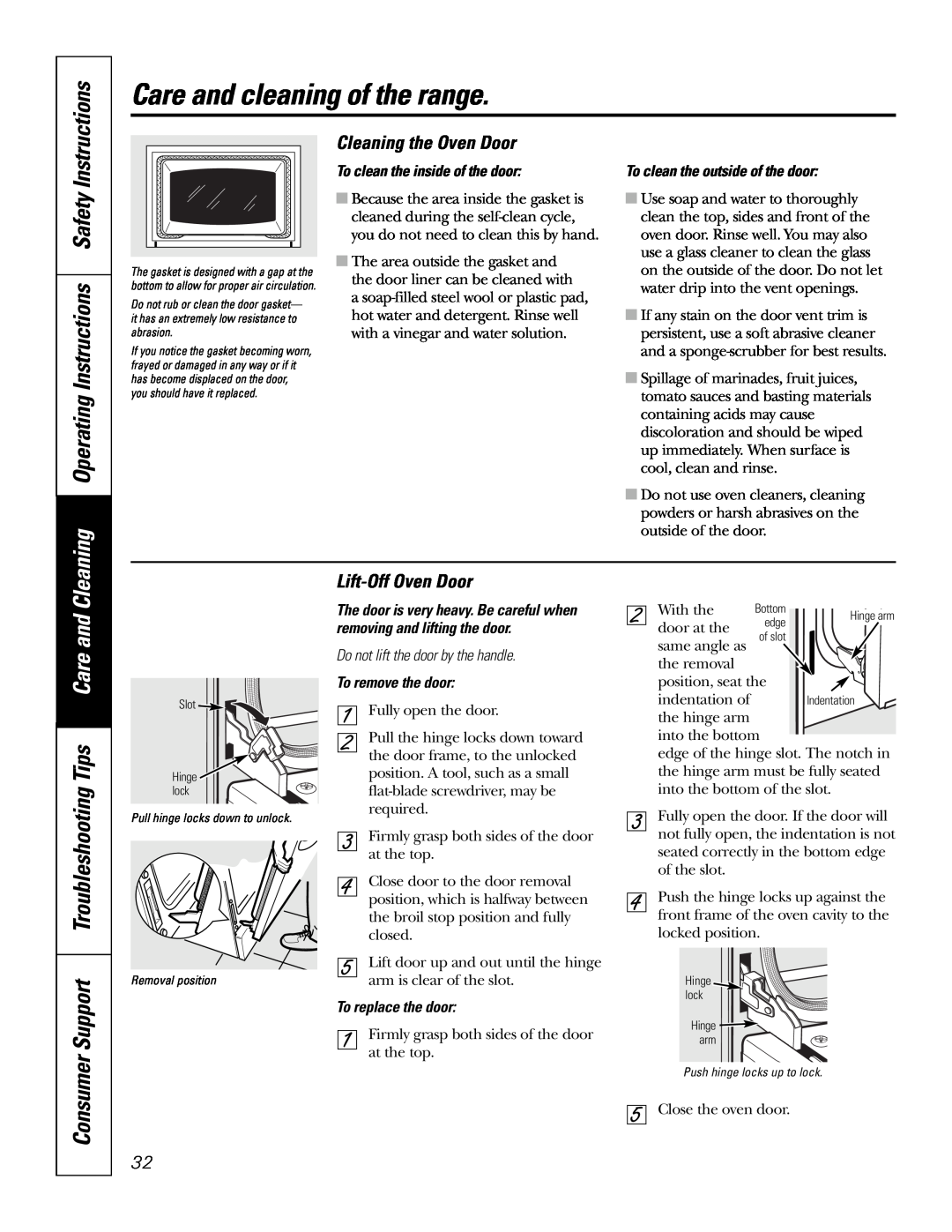 GE JB910 Cleaning Operating Instructions Safety, Cleaning the Oven Door, Lift-OffOven Door, Care and cleaning of the range 