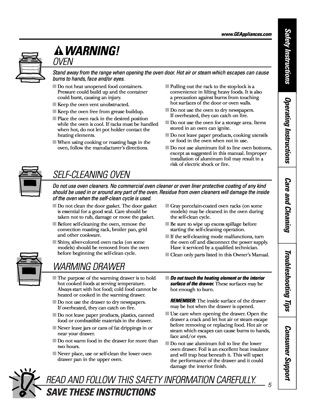 GE JB910 Oven, Self-Cleaningoven, Warming Drawer, Save These Instructions, Operating Instructions, Tips Consumer Support 